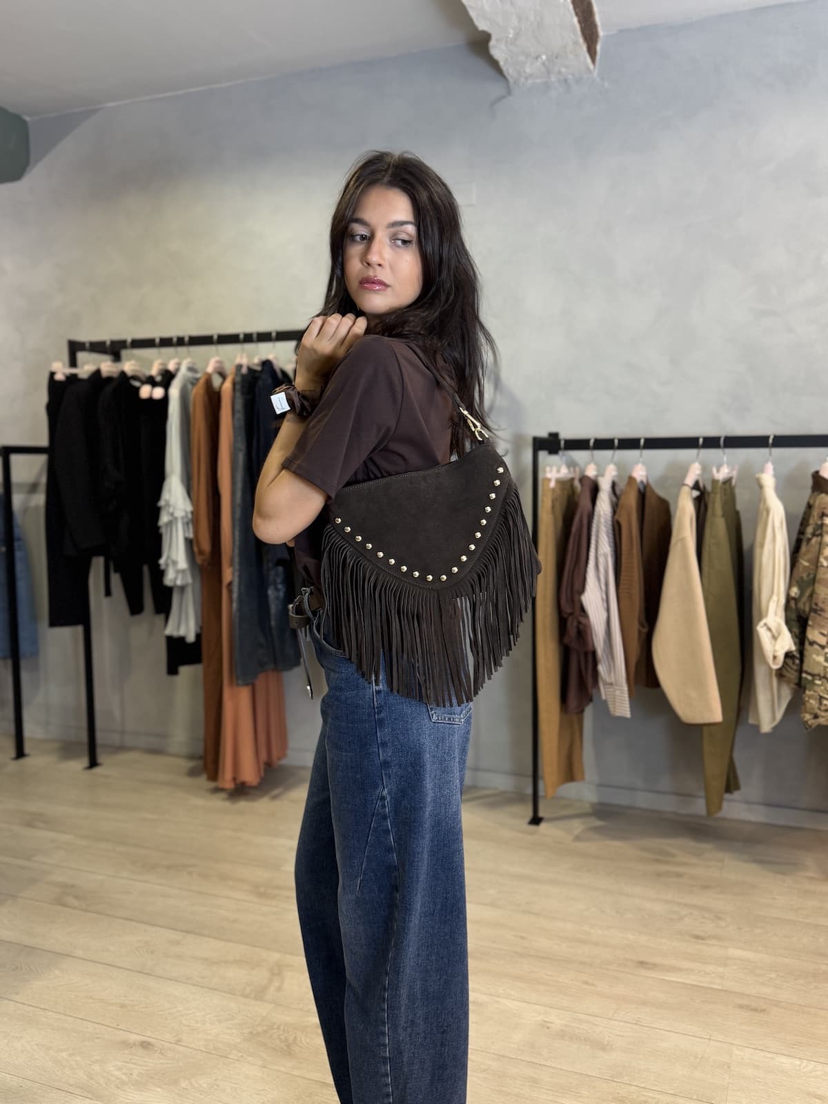 BORSA CAMOSCIO A SPALLA CON FRANGE