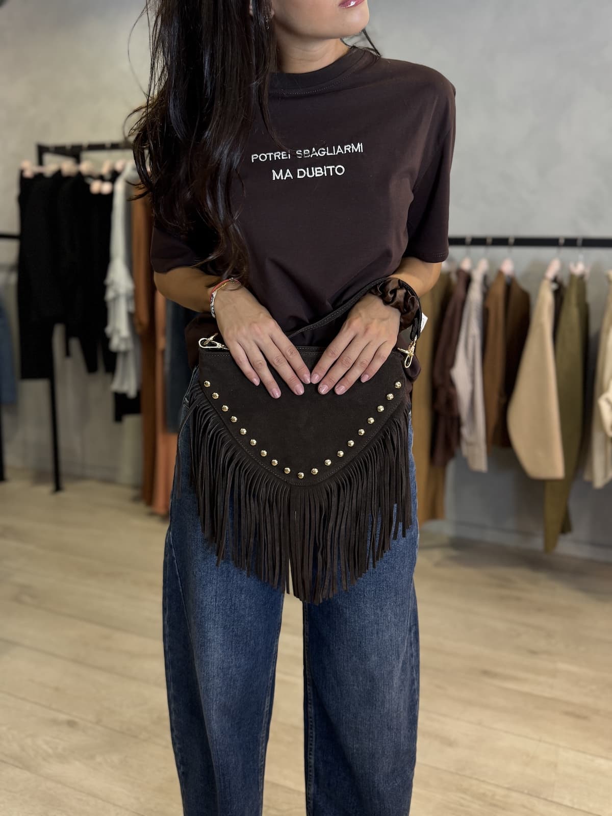 BORSA CAMOSCIO A SPALLA CON FRANGE