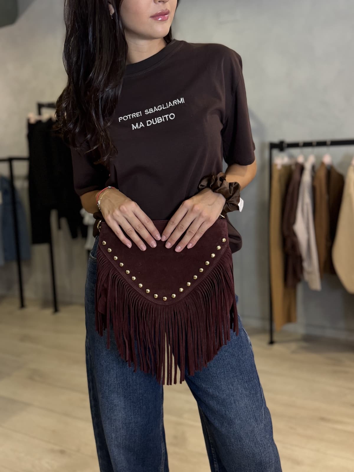 BORSA CAMOSCIO A SPALLA CON FRANGE