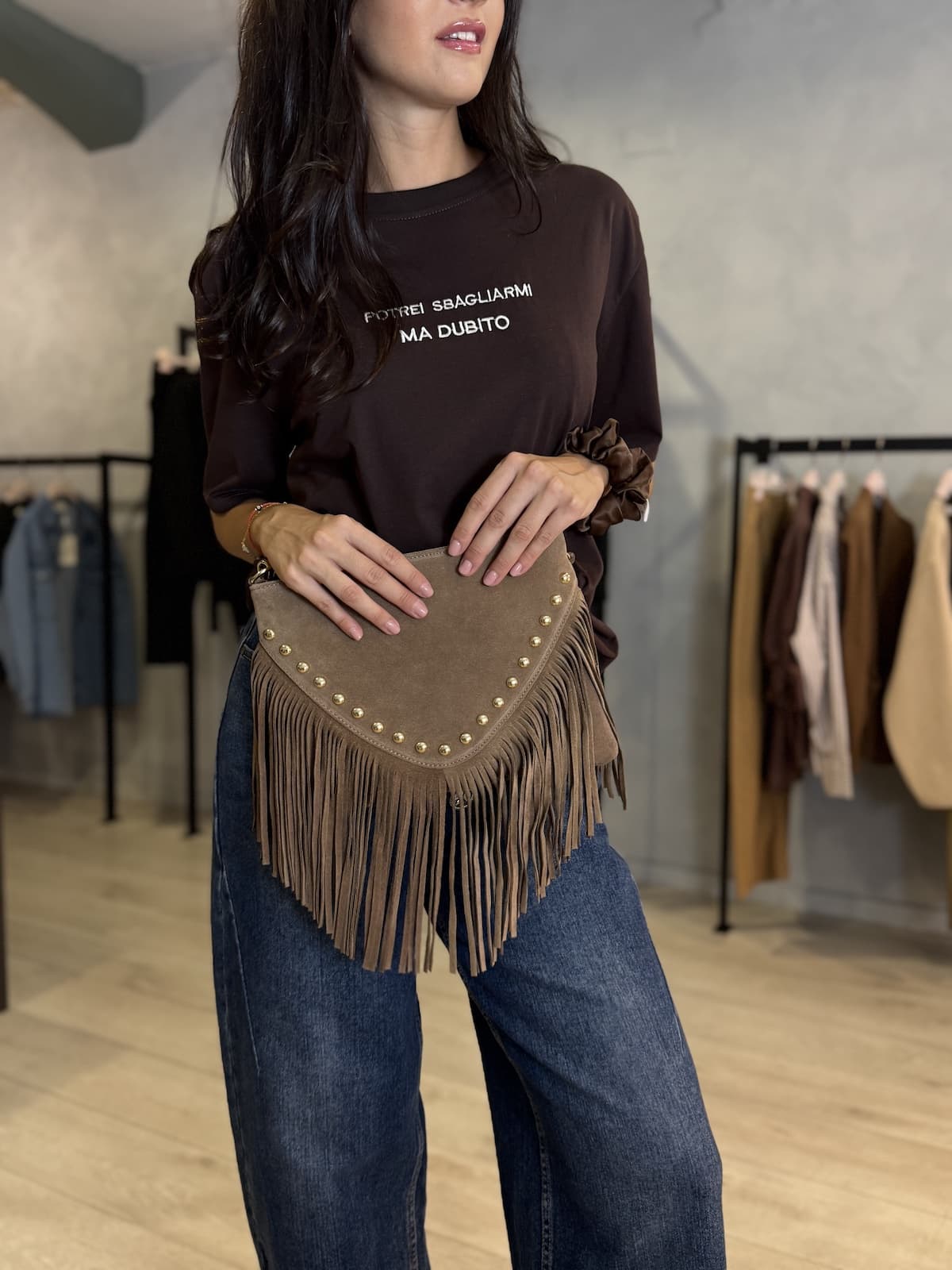 BORSA CAMOSCIO A SPALLA CON FRANGE